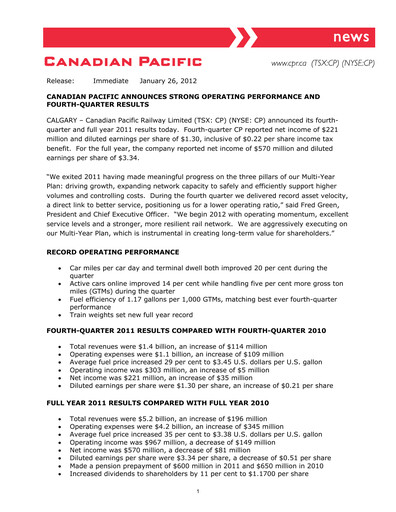Thumbnail CPKC (Canadian Pacific Kansas City) Financial Statement 2011