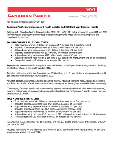 Thumbnail CPKC (Canadian Pacific Kansas City) Financial Statement 2013