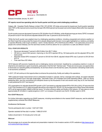 Thumbnail CPKC (Canadian Pacific Kansas City) Financial Statement 2016
