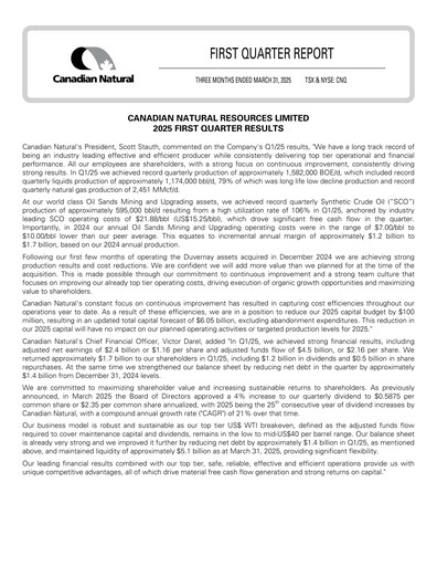 Thumbnail Canadian Natural Resources Quarterly Report 2025-q1