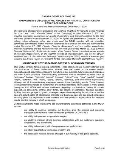 Thumbnail Canada Goose
 Quarterly Report fy2021-q3