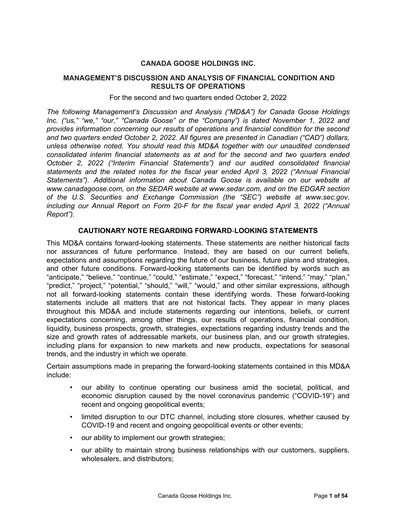 Thumbnail Canada Goose
 Quarterly Report fy2023-q2