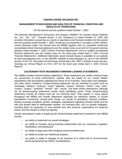 Thumbnail Canada Goose
 Quarterly Report fy2024-q2