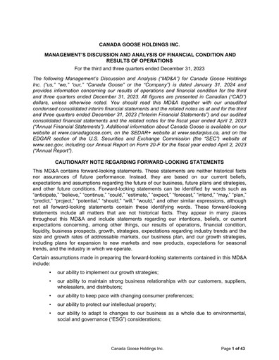 Thumbnail Canada Goose
 Quarterly Report fy2024-q3