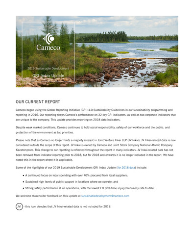 Thumbnail Cameco
 Sustainability Report 2019