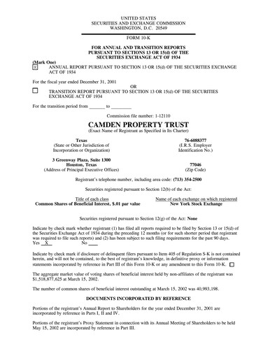 Thumbnail Camden Property Trust
 Financial Report 2001