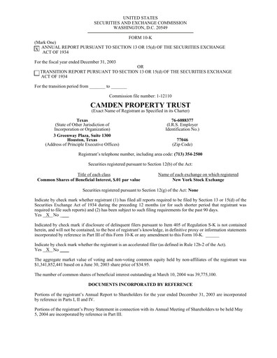 Thumbnail Camden Property Trust
 Financial Report 2003