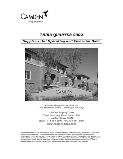 Thumbnail Camden Property Trust
 Quarterly Report 2002-q3