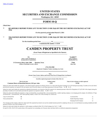 Thumbnail Camden Property Trust
 Quarterly Report 2024-q1