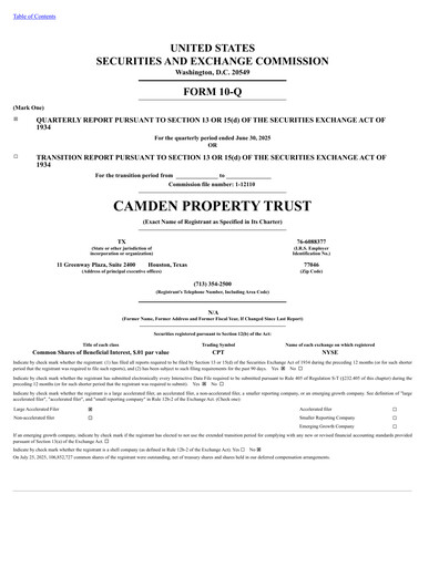 Thumbnail Camden Property Trust
 Quarterly Report 2025-q2