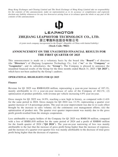Miniature Leapmotor Rapport trimestriel 2025-q1