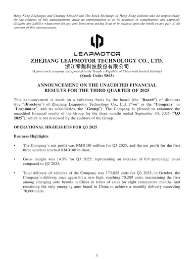 Miniature Leapmotor Rapport trimestriel 2025-q3