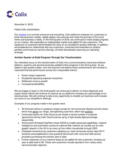Thumbnail Calix Quarterly Report 2018-q3