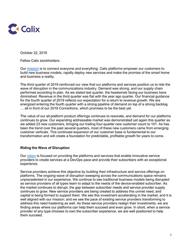 Thumbnail Calix Quarterly Report 2019-q3