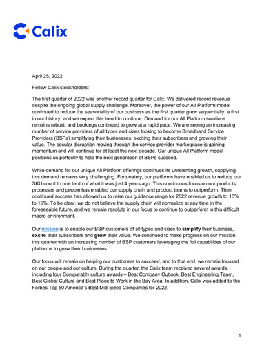 Thumbnail Calix Quarterly Report 2022-q1