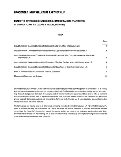 Vorschaubild Brookfield Infrastructure Partners
 Quartalsbericht 2008-q1