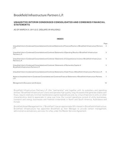 Vorschaubild Brookfield Infrastructure Partners
 Quartalsbericht 2011-q1