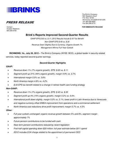Thumbnail Brink's
 Quarterly Report 2012-q2