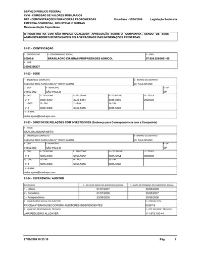 Thumbnail Brasil Agro Financial Statement fy2008
