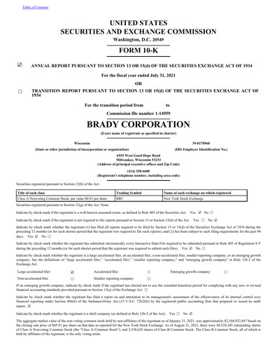 Thumbnail Brady Corporation Annual Report 2021