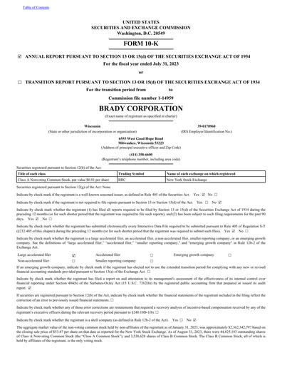 Thumbnail Brady Corporation Annual Report 2023