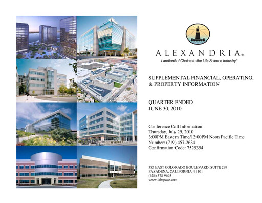 Thumbnail Alexandria Real Estate Equities
 Quarterly Report 2010-q2
