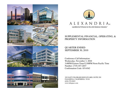 Thumbnail Alexandria Real Estate Equities
 Quarterly Report 2010-q3