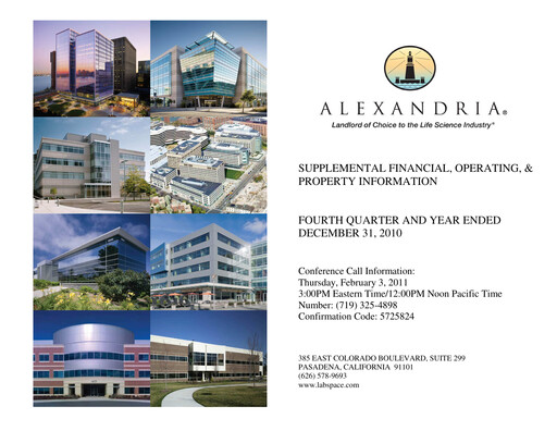 Thumbnail Alexandria Real Estate Equities
 Quarterly Report 2010-q4
