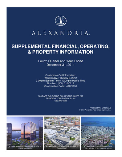 Thumbnail Alexandria Real Estate Equities
 Quarterly Report 2011-q4