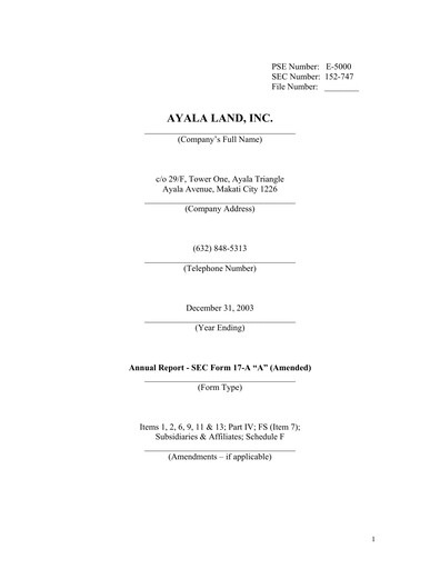 Thumbnail Ayala Land Annual Report 2003