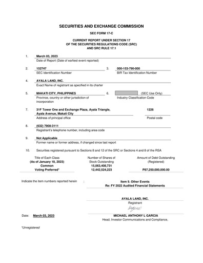 Thumbnail Ayala Land Financial Statement 2022