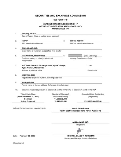 Thumbnail Ayala Land Financial Statement 2024