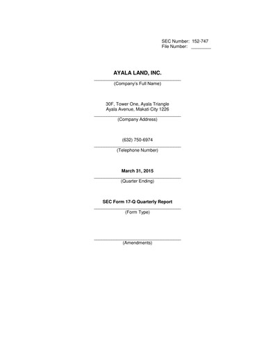 Thumbnail Ayala Land Quarterly Report 2015-q1