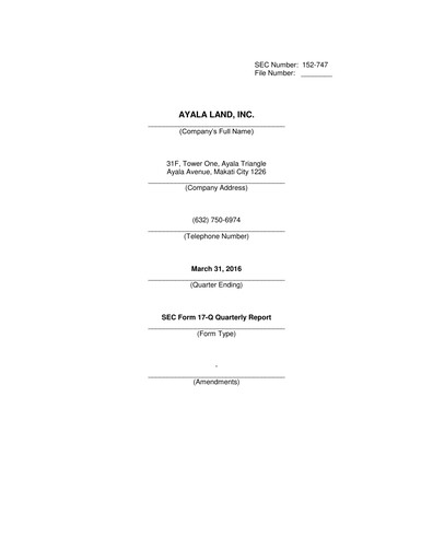 Thumbnail Ayala Land Quarterly Report 2016-q1