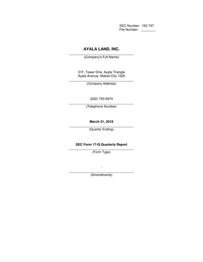 Thumbnail Ayala Land Quarterly Report 2018-q1