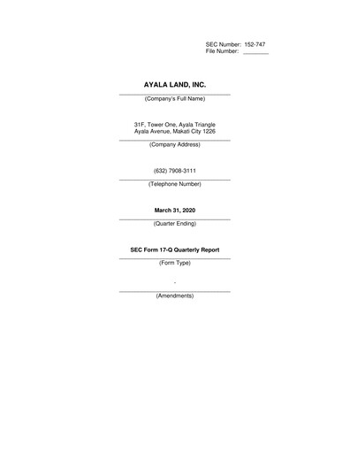 Thumbnail Ayala Land Quarterly Report 2020-q1