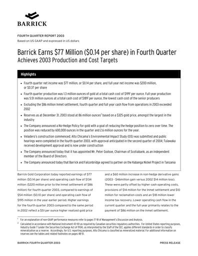 Thumbnail Barrick Gold Financial Statement 2003