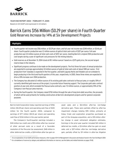 Thumbnail Barrick Gold Financial Statement 2004