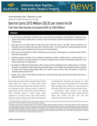 Thumbnail Barrick Gold Financial Statement 2005