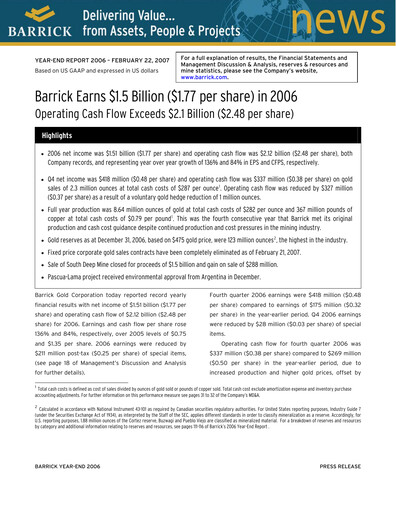 Thumbnail Barrick Gold Financial Statement 2006