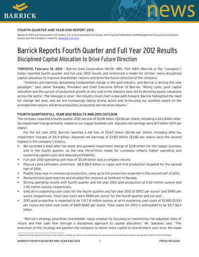 Thumbnail Barrick Gold Financial Statement 2012