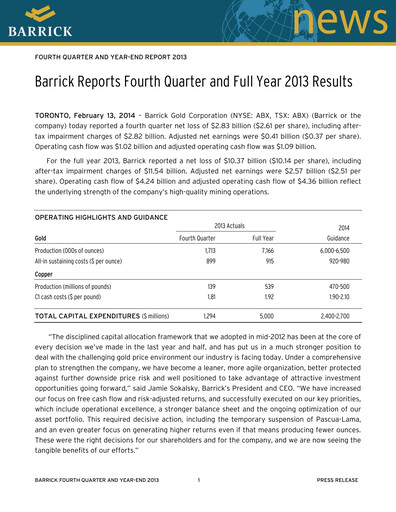 Thumbnail Barrick Gold Financial Statement 2013