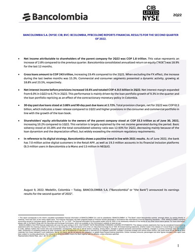 Thumbnail Grupo Cibest (Bancolombia) Financial Statement 2022-h1