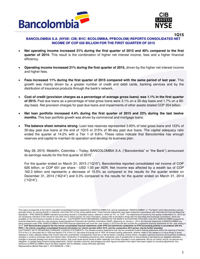 Vorschaubild Grupo Cibest (Bancolombia) Quartalsbericht 2015-q1