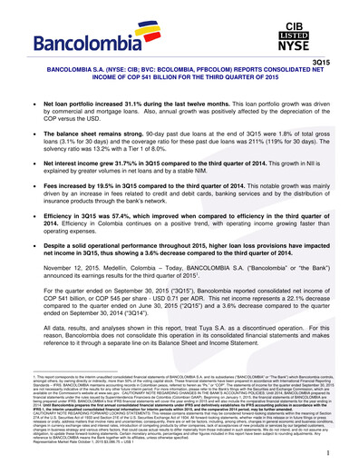 Vorschaubild Grupo Cibest (Bancolombia) Quartalsbericht 2015-q3