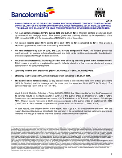 Vorschaubild Grupo Cibest (Bancolombia) Quartalsbericht 2015-q4