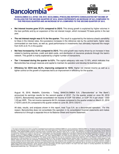 Vorschaubild Grupo Cibest (Bancolombia) Quartalsbericht 2016-q2