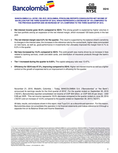 Vorschaubild Grupo Cibest (Bancolombia) Quartalsbericht 2016-q3