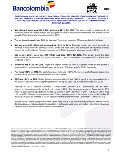 Vorschaubild Grupo Cibest (Bancolombia) Quartalsbericht 2016-q4