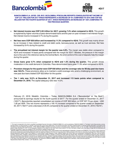 Vorschaubild Grupo Cibest (Bancolombia) Quartalsbericht 2017-q4